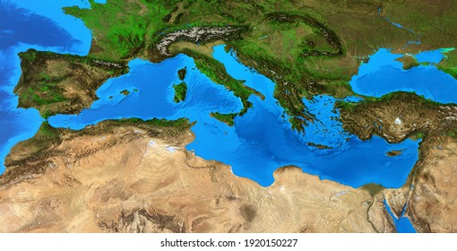 Physical map of Mediterranean Sea. Detailed flat view of the Planet Earth and its landforms. 3D illustration - Elements of this image furnished by NASA