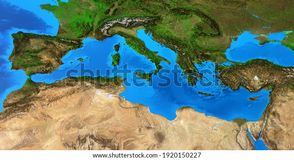 Mapa Físico Del Mar Mediterráneo Vista Plana Detallada Del Planeta Tierra Y Sus Formas 5788