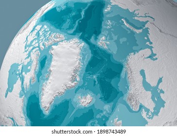 Physical map of the North Pole, Greenland. Reliefs and mountains. Northern hemisphere. Siberian Russia and Arctic Canada. 3d render. Bathymetry, underwater depth of ocean