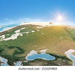 Physical Map Of Planet Earth, Focused Central And Eastern Europe. Satellite View, Sun Shining On The Horizon. 3D Illustration - Elements Of This Image Furnished By NASA