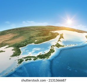 Physical Map Of Planet Earth, Focused On Japan, North And South Korea. Satellite View Of East Asia, Sun Shining On The Horizon. 3D Illustration - Elements Of This Image Furnished By NASA