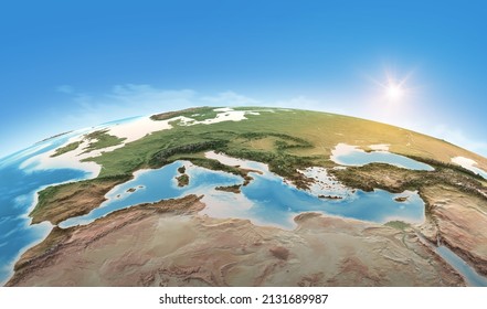 Physical Map Of Planet Earth, Focused On Mediterranean Sea. Satellite View Of Southern Europe And North Africa, Sun Shining On The Horizon. 3D Illustration - Elements Of This Image Furnished By NASA