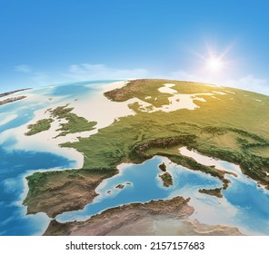 Physical Map Of Planet Earth, Focused On Western Europe. Satellite View, Sun Shining On The Horizon. 3D Illustration - Elements Of This Image Furnished By NASA