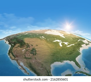 Physical Map Of Planet Earth, Focused On USA, North America. Satellite View, Sun Shining On The Horizon. 3D Illustration - Elements Of This Image Furnished By NASA