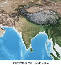Physical map of South Asia, with high resolution details. Flattened satellite view of Planet Earth, its geography and topography. 3D illustration - Elements of this image furnished by NASA