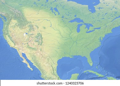 Physical Map Of The United States Of America - Detailed Topography In Geographic Coordinate System - 3d Illustration