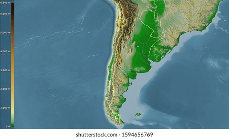 Physical map within the Chile area in the stereographic projection with legend - raw composition of raster layers with light glowing outline