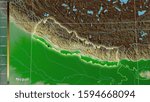 Physical map within the Nepal area in the stereographic projection with legend - main composition