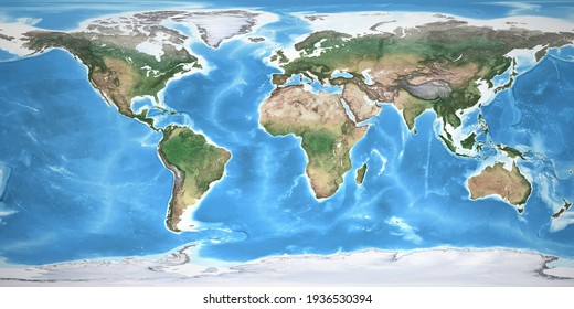 Physical map of the World, with high resolution details. Flattened satellite view of Planet Earth, its geography and topography. 3D illustration - Elements of this image furnished by NASA