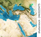 Physical map of the world, satellite view of the Middle East. Africa, Asia. Reliefs and oceans. Elements of this image are furnished by NASA
