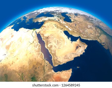 Physical Map Of The World, Satellite View Of The Middle East. Africa, Asia. Globe. Hemisphere. Reliefs And Oceans. 3d Rendering. Elements Of This Image Are Furnished By NASA