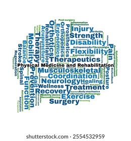 Physical Medicine and Rehabilitation Word Cloud. Composition of Words Related to Therapy, Recovery, Mobility, and Healing. Essential Terms for Medical Professionals. Isolated on White Background. - Powered by Shutterstock