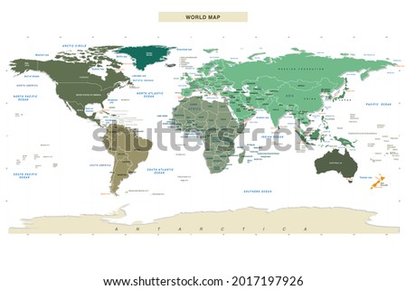 physical view of world map continents countries straits ocean and boundries.