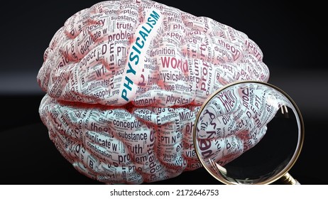 Physicalism in human brain, a concept showing hundreds of crucial words related to Physicalism projected onto a cortex to fully demonstrate broad extent of this condition,3d illustration