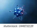 Physics atom with dark blue background, 3d rendering. 3D illustration.