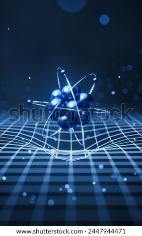 Physics atom with dark blue background, 3d rendering. 3D illustration.