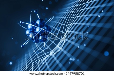 Physics atom with dark blue background, 3d rendering. 3D illustration.
