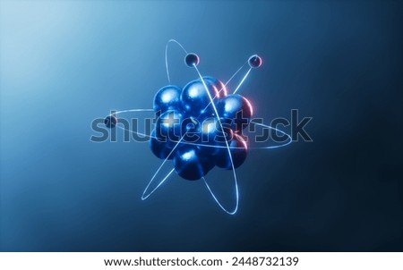 Physics atom with dark blue background, 3d rendering. 3D illustration.