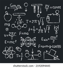 Physics Chalkboard Banner With Formulas. Physical Equations And Laws On Blackboard.