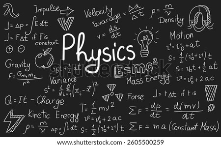 Physics formulas, science and education background. Chalkboard inscribed with scientific formulas and calculations in physics and mathematics. Retro illustration
