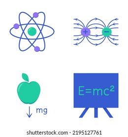 Physics Icon Set In Flat Style. Nuclear Physics, Energy Formula, Gravity Force And Electric Dipole Symbols.