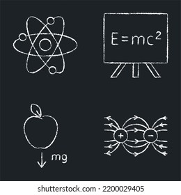 Physics Icon Set On Chalkboard. Nuclear Physics, Energy Formula, Gravity Force And Electric Dipole Symbols.