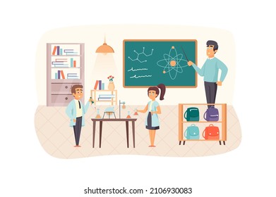 Physics lesson scene. Teacher explains structure of atom, pupils study in classroom. Primary education, back to school, Knowledge Day concept. Illustration of people characters in flat design