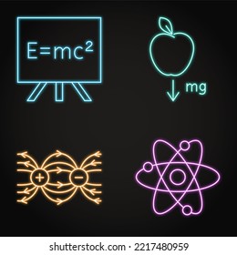 Physics Neon Icon Set In Line Style. Nuclear Physics, Energy Formula, Gravity Force And Electric Dipole Symbols.