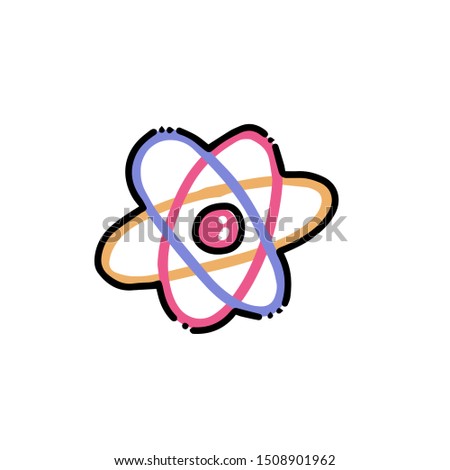 physics science orbit atom. Atom structure icon in flat color outlined hand drawn childish doodle style. Color scribble print concept on white background. Kid chemistry and science.