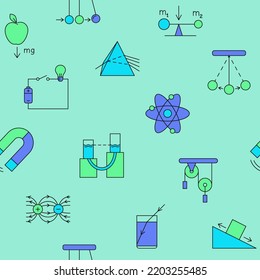 Physics Seamless Pattern In Colored Line Style. Scientific Symbols On Repeatable Background.