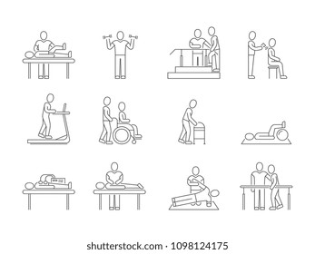 Physiotherapy And Rehabilitation, Exercises And Massage Therapy Line Medical Icons. Medical Patient, Physical Therapy Exercise Illustration