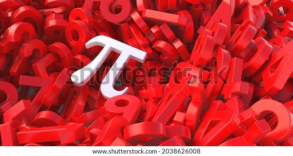 Pi,\
Greek alphabet letter, Archimedes constant irrational number, ratio\
of a circle circumference to diameter. White color pi on red\
numbers stack, copy space, template. 3d\
illustration