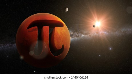 Pi Symbol And Planet Mars, Mathematical Constant In Outer Space (surreal 3d Illustration)