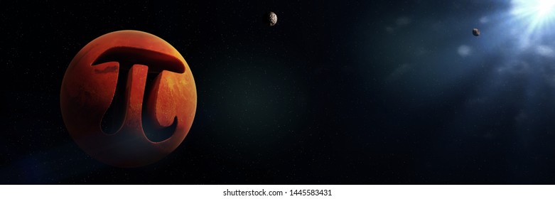 Pi Symbol And Planet Mars, Mathematical Constant In Outer Space (surreal 3d Illustration Banner)