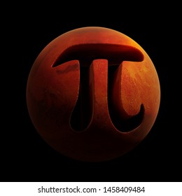 Pi Symbol And Planet Mars, Mathematical Constant Isolated On Black Background (surreal 3d Illustration)