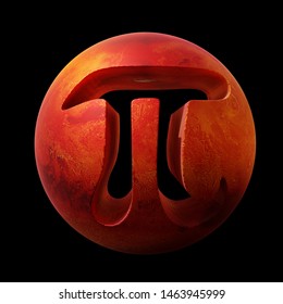 Pi Symbol And Planet Mars, Mathematical Constant Isolated On Black Background (surreal 3d Rendering)