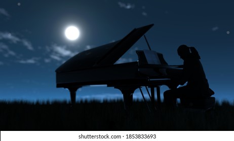Pianist Playing Piano Outside On Grass Field Under Moonlight 3d Rendering