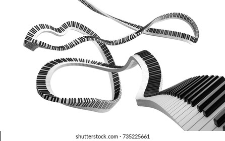 Piano black and white keys in the infinity curve path. 3D render illustration isolated on the background.