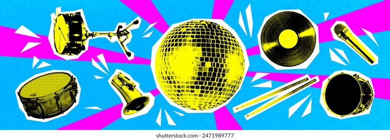 Piano, drums, disco ball, vinyl record and music player against bright blue background. Contemporary art collage. Concept of music, performance, festival. Pop art. Creative design. - Powered by Shutterstock