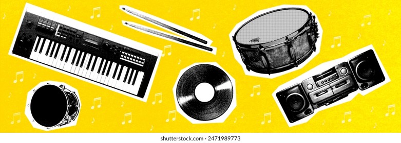 Piano, drums, vinyl record and music player against bright yellow background. Contemporary art collage. Concept of music, performance, festival. Pop art. Creative design. - Powered by Shutterstock