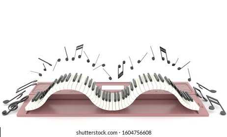 The piano keyboard Movement in waves with a black musical note Bounced up into waves, Surrounded by a note on the floor, Isolated on white background, illustration,3D rendering