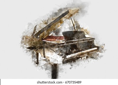 Piano Keyboard On Watercolor Painting Background.