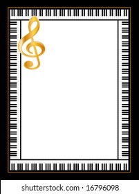 Piano Keyboard Poster Frame with Golden Treble Clef. Copy space for concerts, recitals, music events, fliers, and announcements.