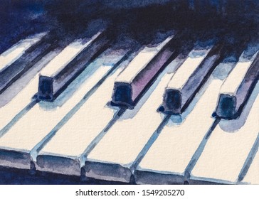 Piano Keys. Musical Instrument. Watercolor Painting. 