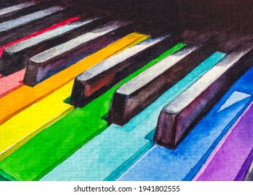 Piano Keys Rainbow Colors. Musical Instrument. School Or Academy Of Music. LGBT Flag. Watercolor Painting. Acrylic Drawing Art.