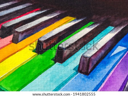 Piano keys Rainbow colors. Musical instrument. School or academy of Music. LGBT Flag. Watercolor painting. Acrylic drawing art.