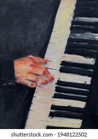 Piano Oil Painting, Hand Playing The Keys Of The Piano