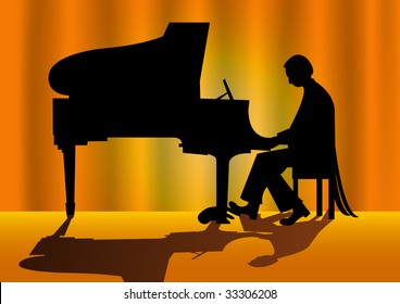 Piano Player Silhouette On Stage.