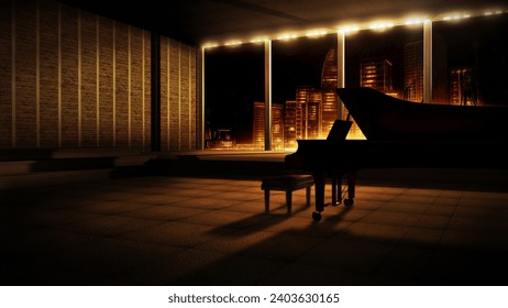 Piano virtual set, studio background with a grand piano. City music stage, with a golden, 3D illustration aesthetic. A backdrop in 4k, ideal for TV shows, events or online broadcasts