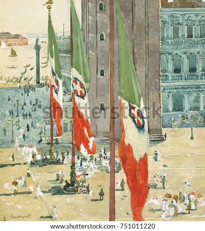 PIAZZA DI SAN MARCO, by Maurice Brazil Prendergast, 1898-99, American painting, watercolor. Flags dominate the scene, that recedes into the Venetian lagoon, with the St. Marks Square below